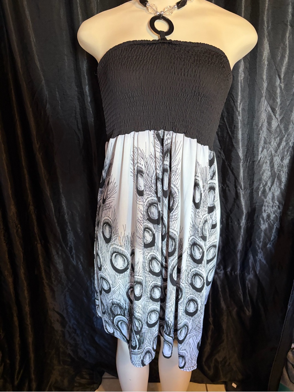 Shoreline Black Strapless Sundress with White Peacock Print